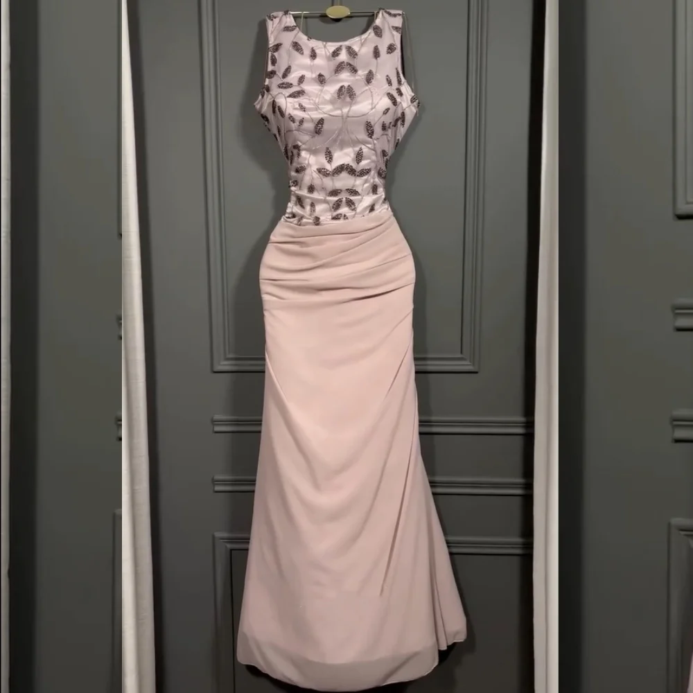 Customized Casual Chiffon Pleat Sequined Pattern Mermaid O-Neck Long Dresses Bespoke Occasion Celebrity High Quality