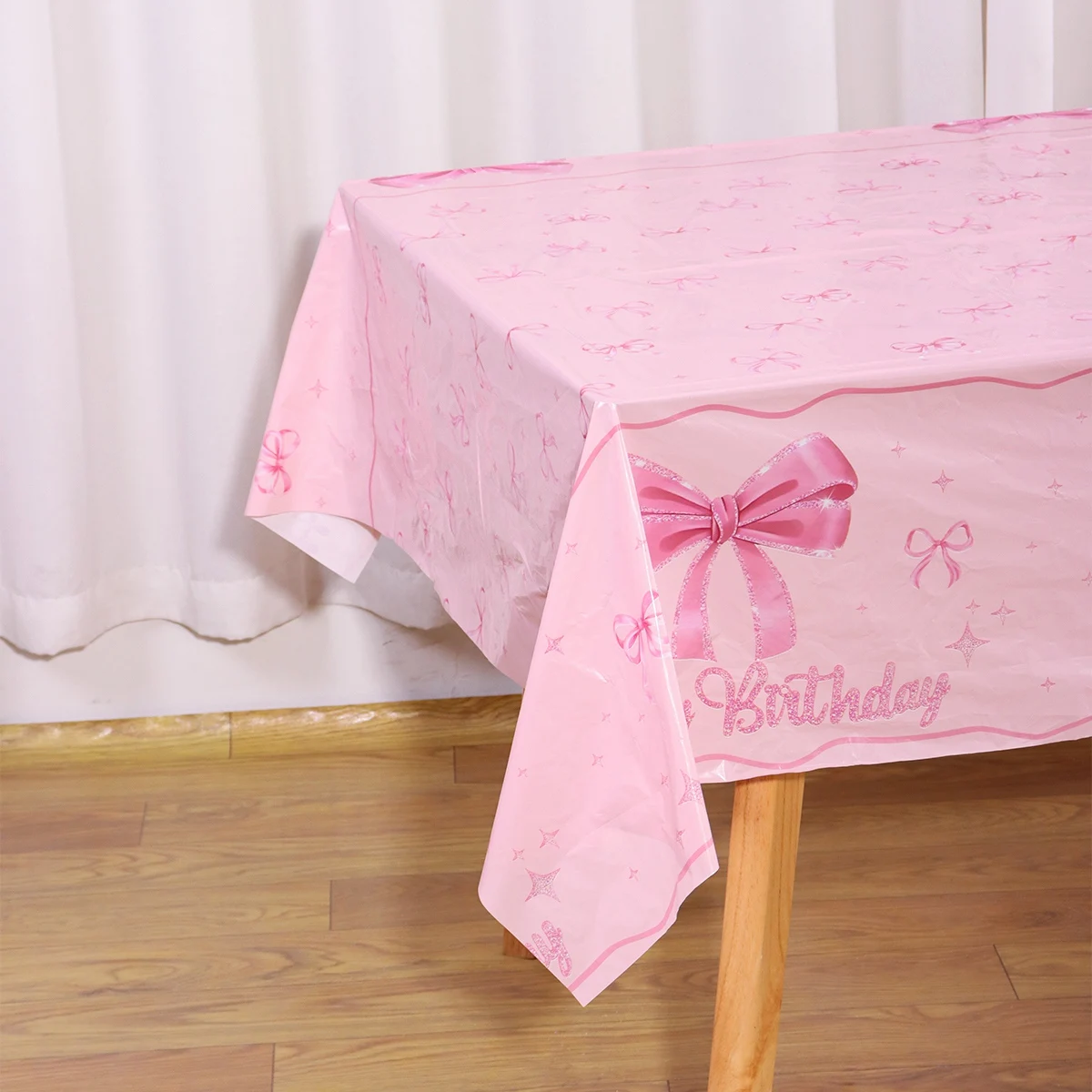 Rosa Schleifen-Tischdecke für Geburtstagsfeiern, Einweg-Tischdecke für Hochzeiten und 1. Geburtstag, Partyzubehör, Tischdekoration – Detail 2