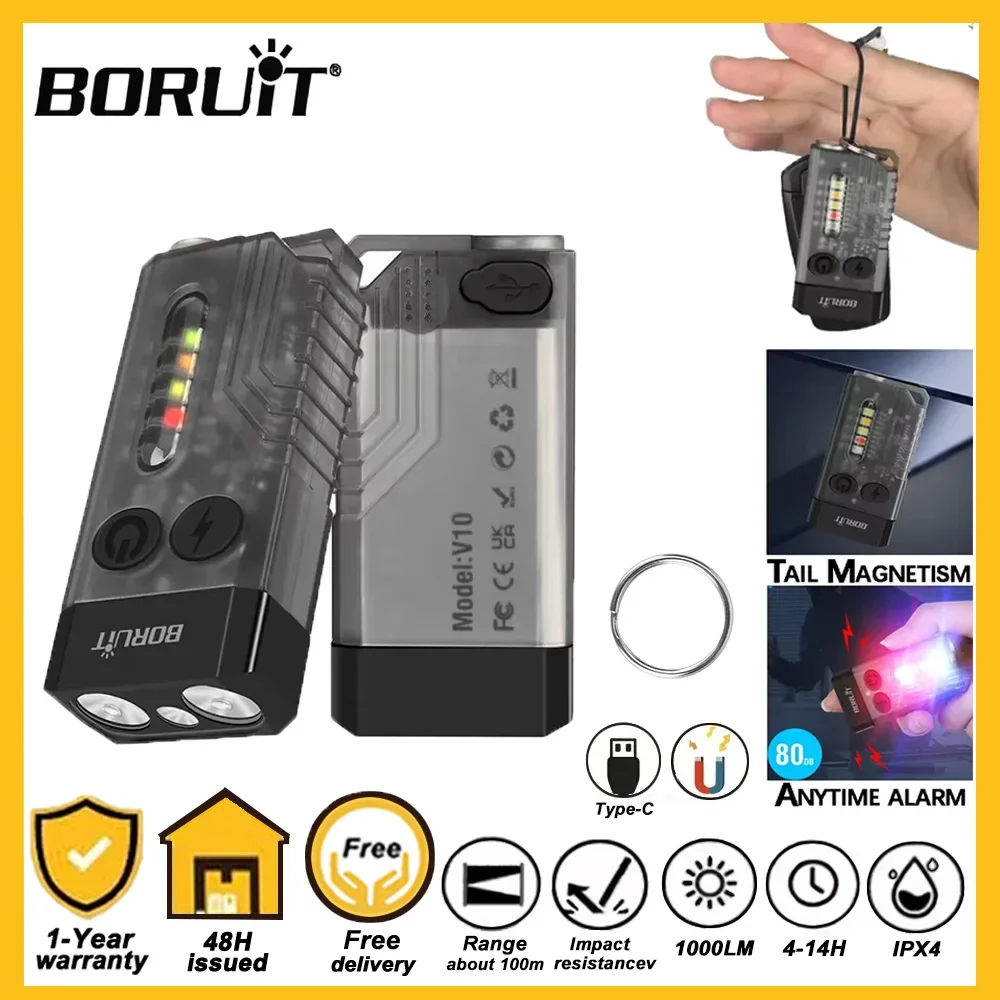 BORUiT V10 EDC LED Flashlight Keychain Super Bright Type-C Rechargeable Lamp Fishing Camping Lantern UV Light Pocket Torch