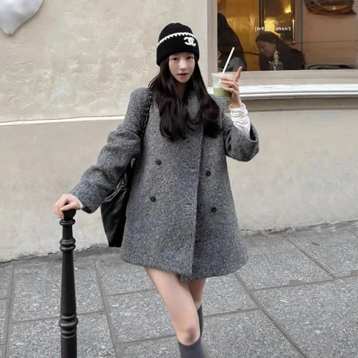 

Ele двубортное шерстяное пальто женское свободного покроя, зимнее новое однотонное пальто с украшением в виде пояса, корейское Sle Long Sve