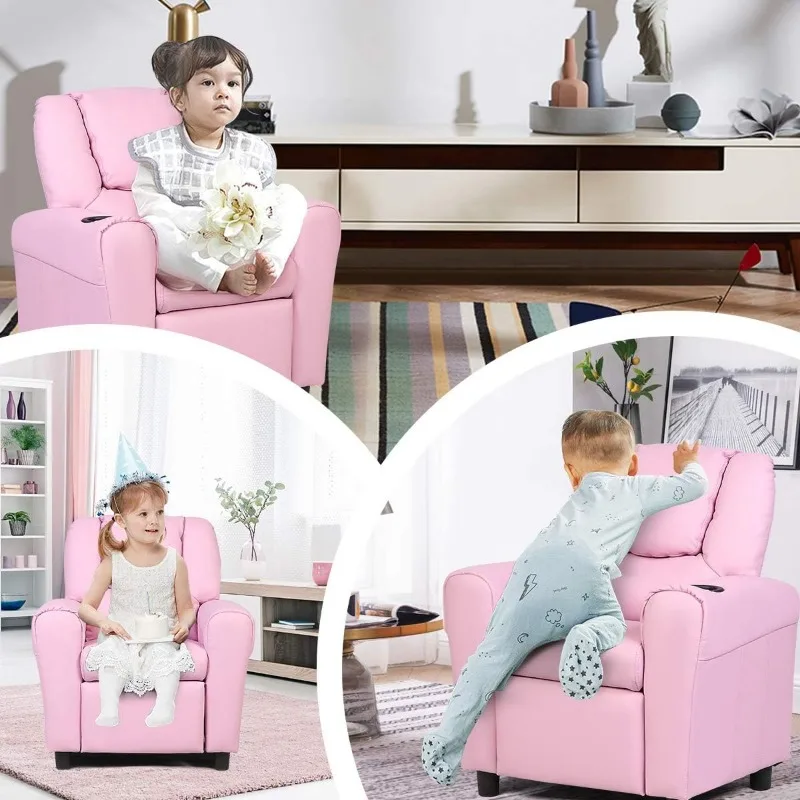 Silla reclinable con portavasos para niños, muebles para habitación de niños pequeños, reposabrazos, sofá con reposacabezas y reposapiés para niñas, niños y bebés