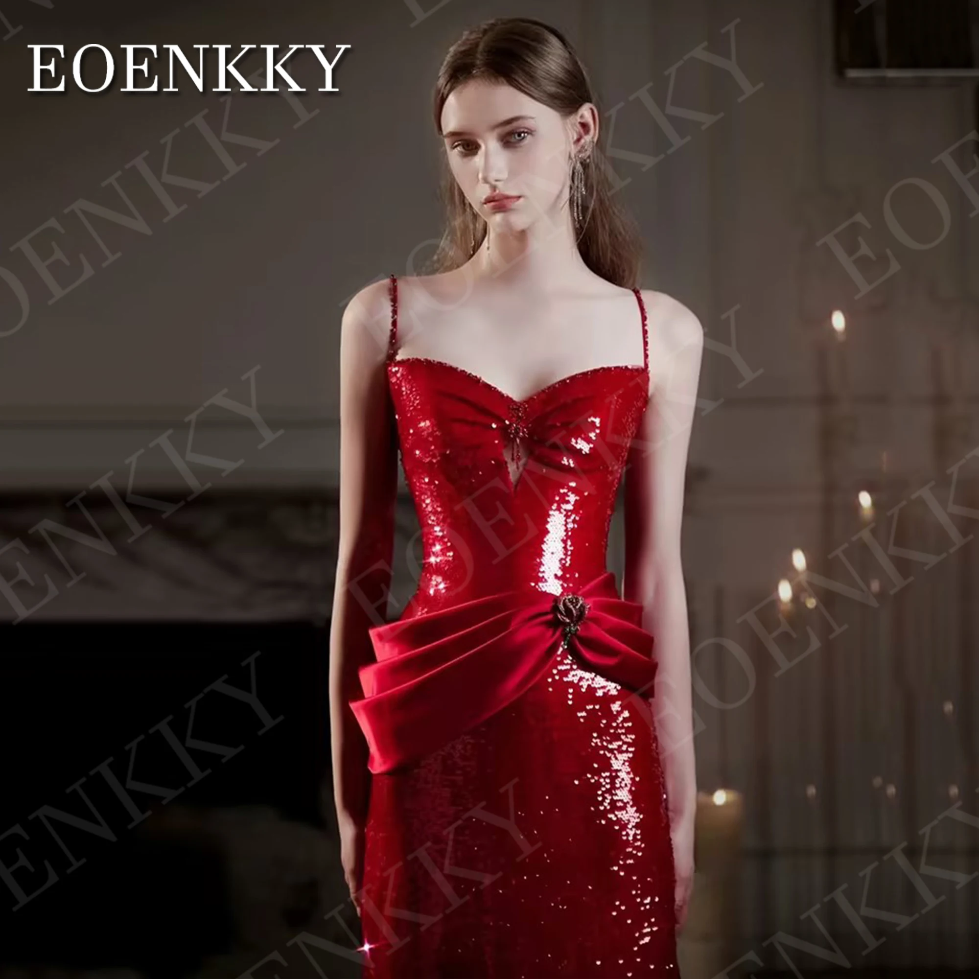 EOENKKY Luxury Mermaid Slim Evening Dresses فساتين سهرة Detachable Train Sexy Sequin Spaghetti Straps Prom Gowns Red Customized