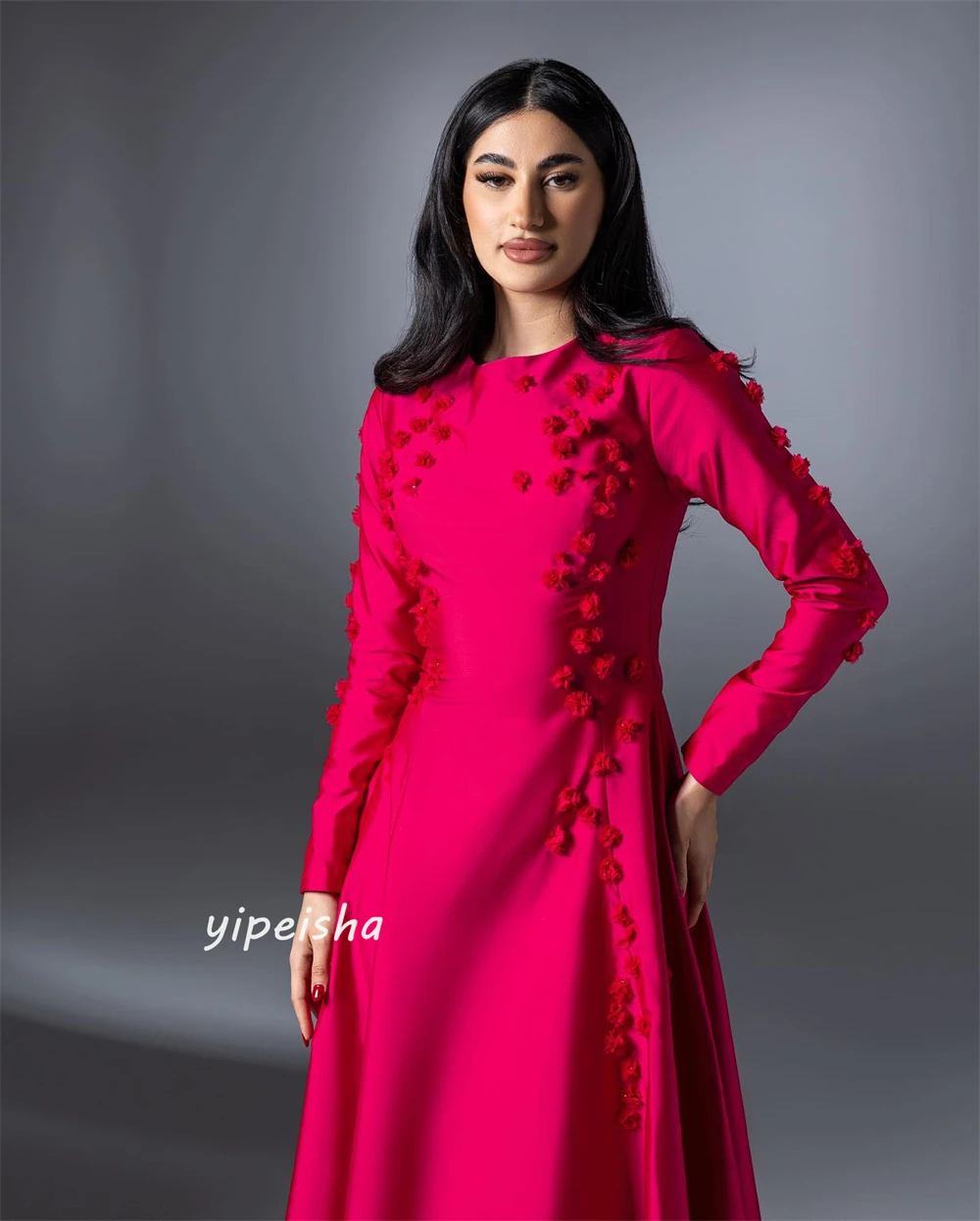 Jiayigong Satin Flower Draped Homecoming A-line O-Neck Bespoke Occasion Gown Long Sleeve Dresses