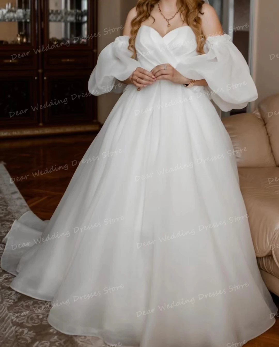 Robe de mariée en tulle à manches bouffantes pour femme, robe trapèze, élégante, moelleuse, pour les patients