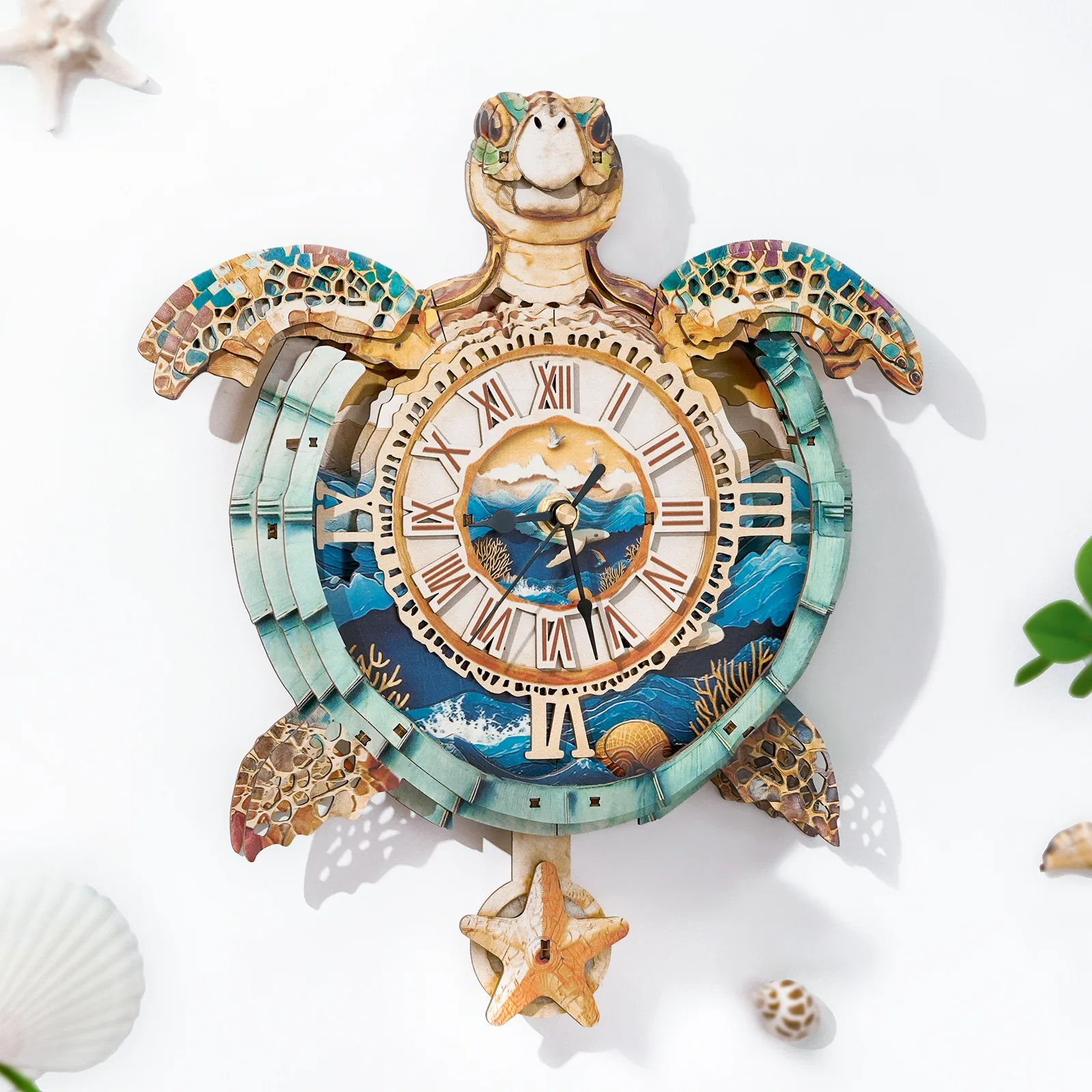 DIY Wooden Sea Turtle Clock Miniature Model Kits Jigsaw Puzzles Mechanical Gear Rotation for Friends Birthday Gifts