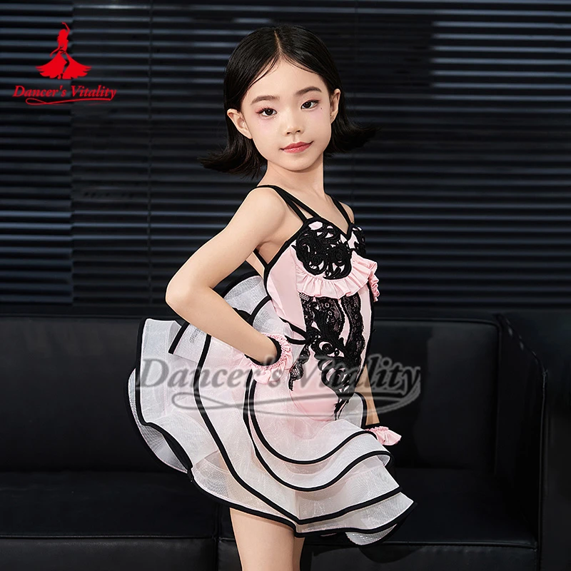 Vestidos de baile latino con dobladillo bouffant y patrón de encaje rosa para niños, traje de práctica sin mangas con tirantes para bailarina, vitalidad, Chacha, Samba