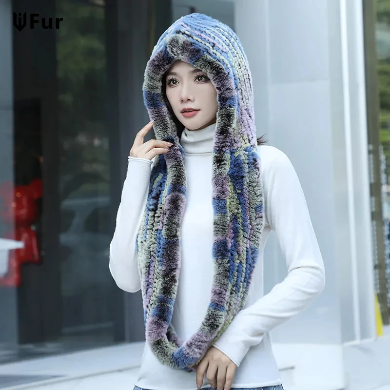 Hat Women New Knitted Real Rex Rabbit Fur Hat Hooded Scarf Winter hats for Woman Cap Warm Natural Fur Hat With Neck Scarves