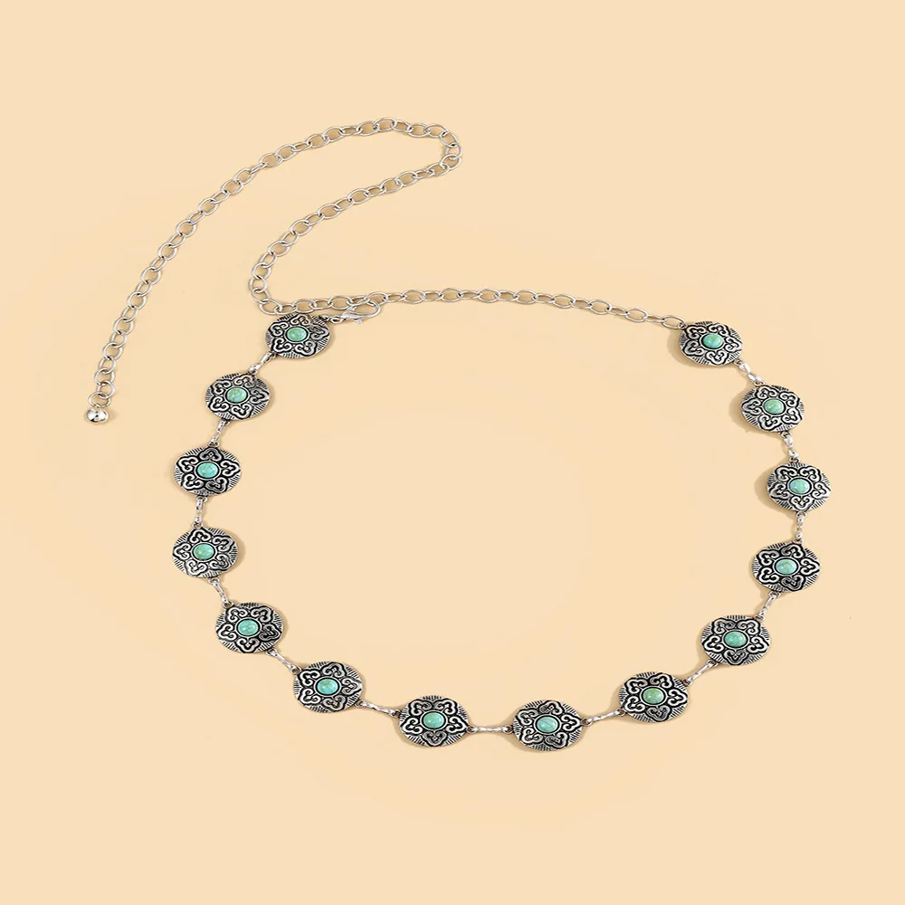 ファッショナブルなレトロターコイズペタルベルト、小さいサイズ、エスニックスタイル、装飾的な女性歌手用グリーンアゲートウエストチェーンアクセサリー