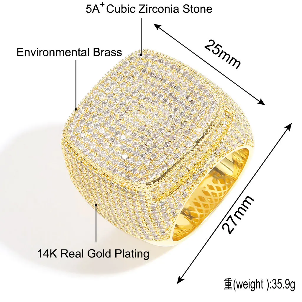 Luxury Square Ice Out Big Signet Ring Men Hip Hop Trend Real Gold Plated CZ Stones Paved Finger Band Ring Male Party Jewelry Gif