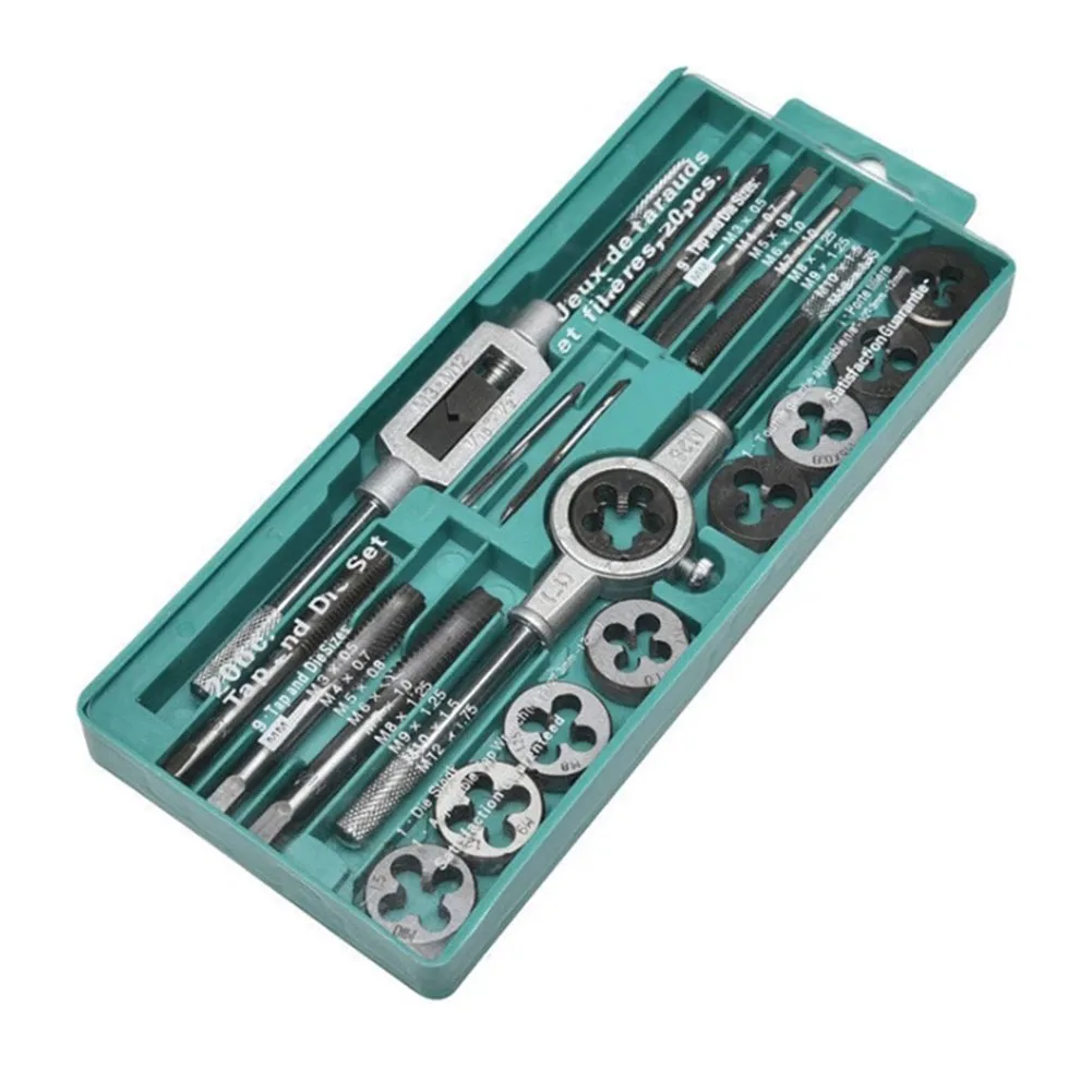 

Complete 20pcs Metric Tap and Die Set Hand Tools for Vehicles and Machinery Adjustable Tap Wrench Plastic Storage Box