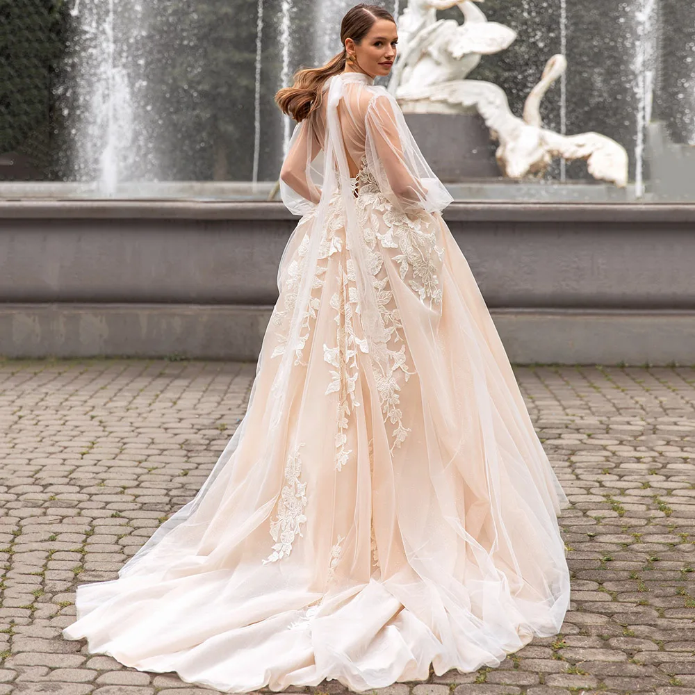 Notável renda apliques vestidos de casamento alta pescoço a linha vestidos de noiva longo inchado mangas ilusão voltar vestidos de novia