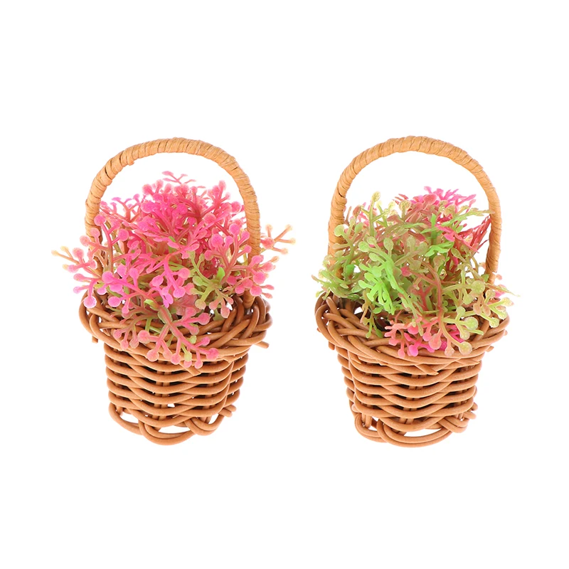 Cesta de flores tejida en miniatura para casa de muñecas, cesta de mano, muebles, accesorios de escenas de decoración, juguetes de juego de simulación, 1 Juego