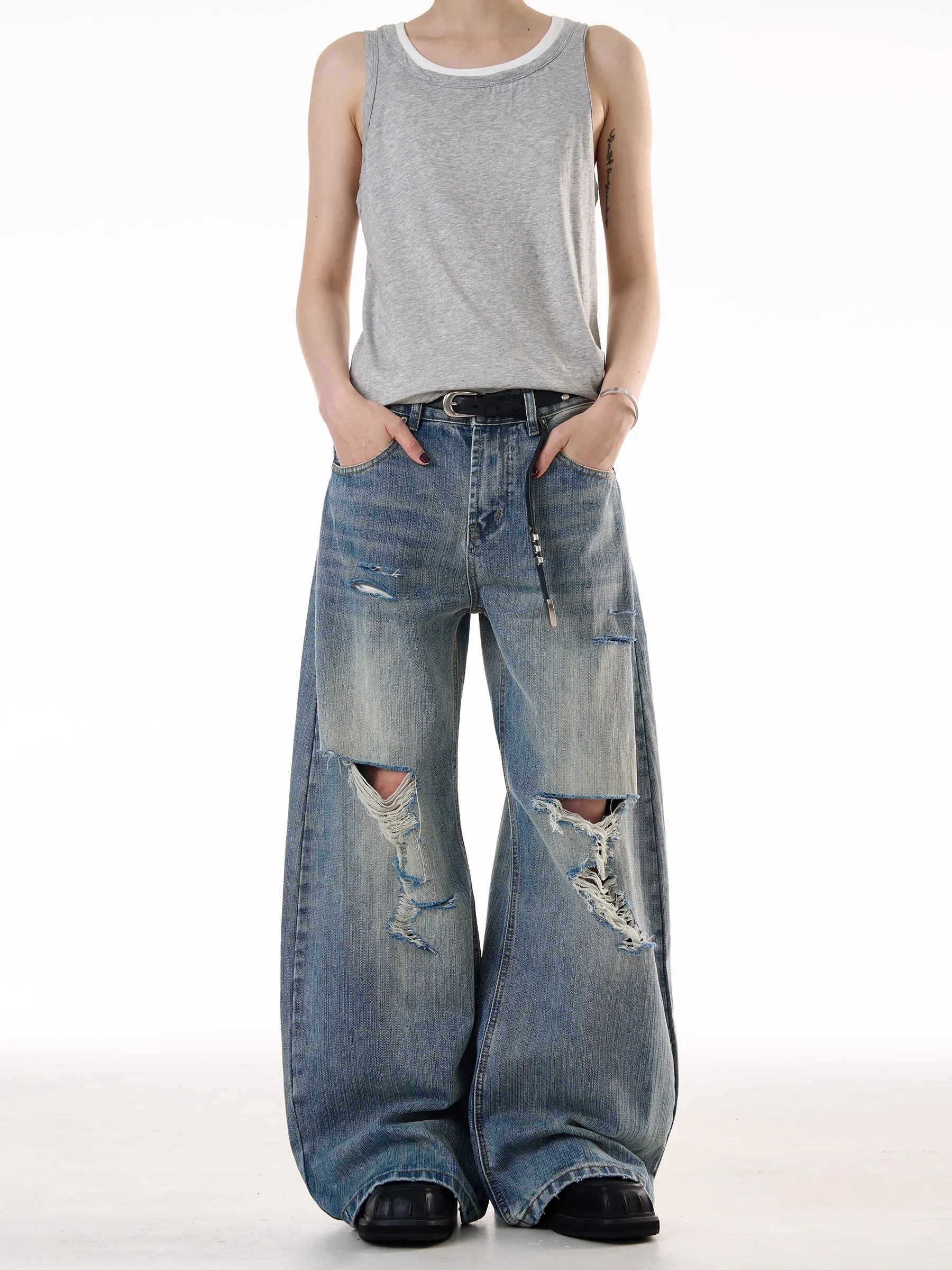 

Retro Distred Wide Leg Jeans Men Women Loose Straight Leg Floor-Length Trousers Casual Youth Summer Jeans Trendy