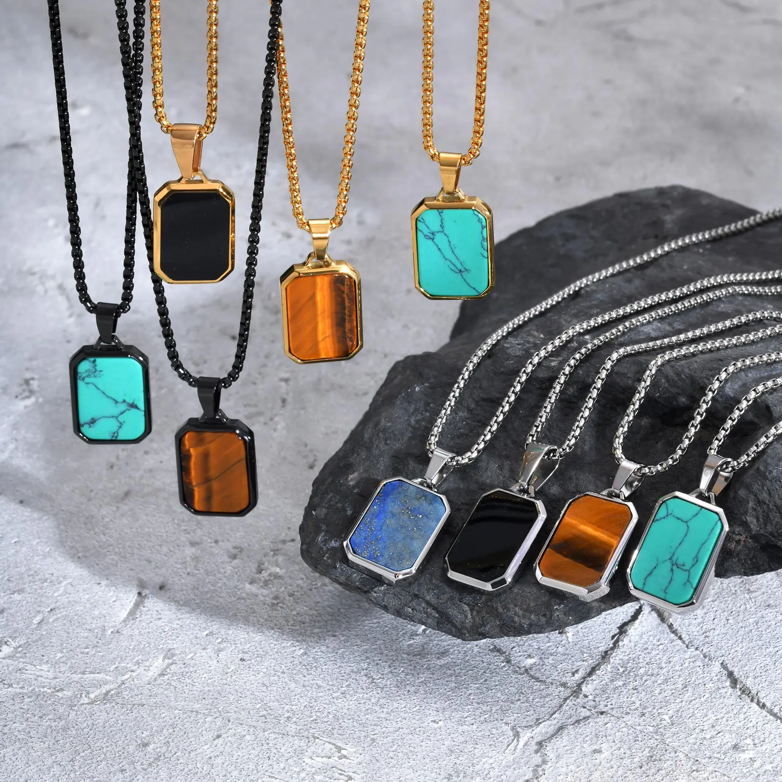 Vnox Multiple Nature Stones Geometric Dog Tag Pendent Necklace 55/60/70cm length Chain Stainless Steel Vintage Jewelry for Men