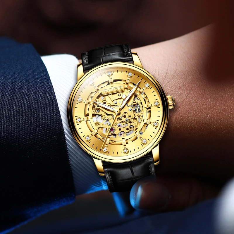MIGE brand business stainless steel mechanical watch men japan movement waterproof automatic  Hollow leather mens watches