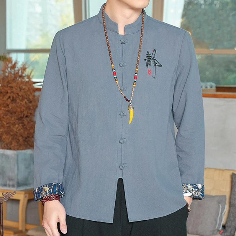 Chemises traditionnelles brodées de style chinois pour hommes, uniforme imbibé de coton et de lin, chapelle de Kung Fu Tai, chemise et chemisiers, 2023