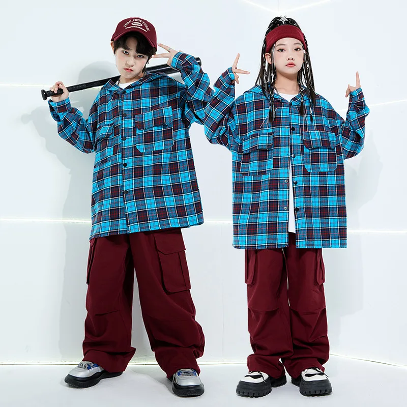 

Kids Hip Hop Dance Costume Loose Hooded Plaid Jacket Cargo Pants Street Dance Clothing Boys Girls Jazz Drum Show Stage Clothes