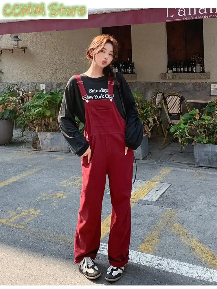 ผู้หญิงสีแดงVINTAGE Overalls Casual Streetwearแฟชั่นสาวหวานกางเกงขากว้างหญิงBaggy Rompersตรงกางเกง