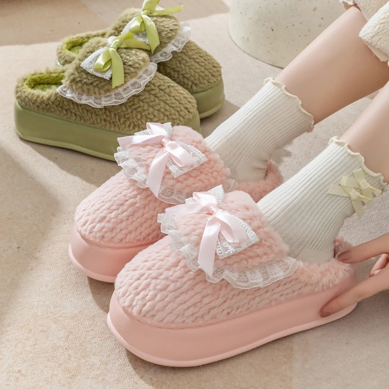 

Милые хлопковые тапочки на платформе с бантом, женские домашние теплые пушистые шлепанцы на толстой подошве, женские нескользящие домашние тапочки на мягкой подошве