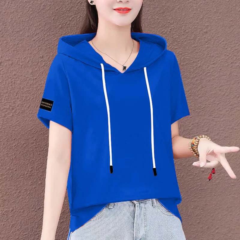 Pure Cotton Hoodie T-shirt Women  Color Short Sleeve Summer New Loose Slimming Top Cover Belly Half Sleeve Casual Wear
