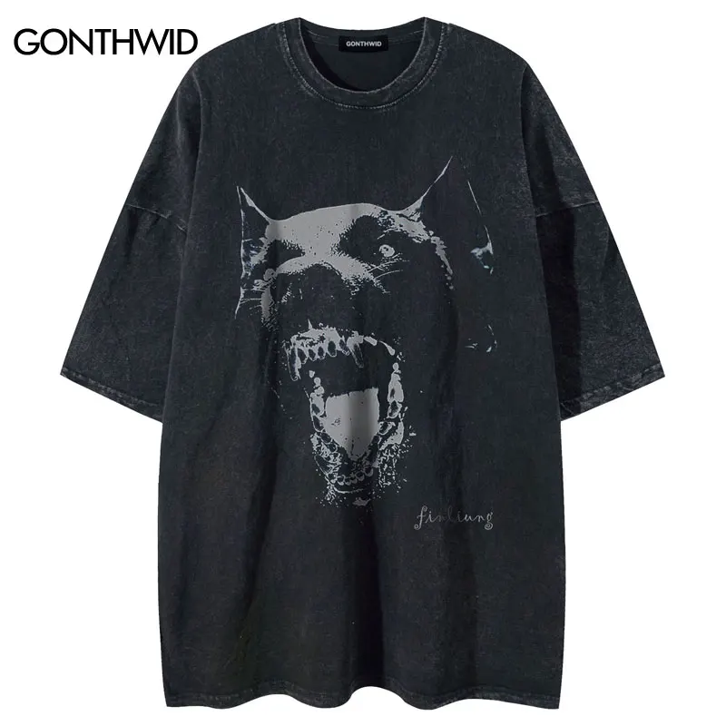 Men Dog Graphic T-Shirt Vintage Black Oversized Washed Tshirt Streetwear Hip Hop Harajuku Summer Casual Loose Cotton Tops Tee