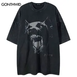 Vintage T-Shirt Hip Hop Rottweiler Dog Graphic Print Washed Tshirt Streetwear Harajuku Punk Gothic Rock Tee Fashion Summer Tops