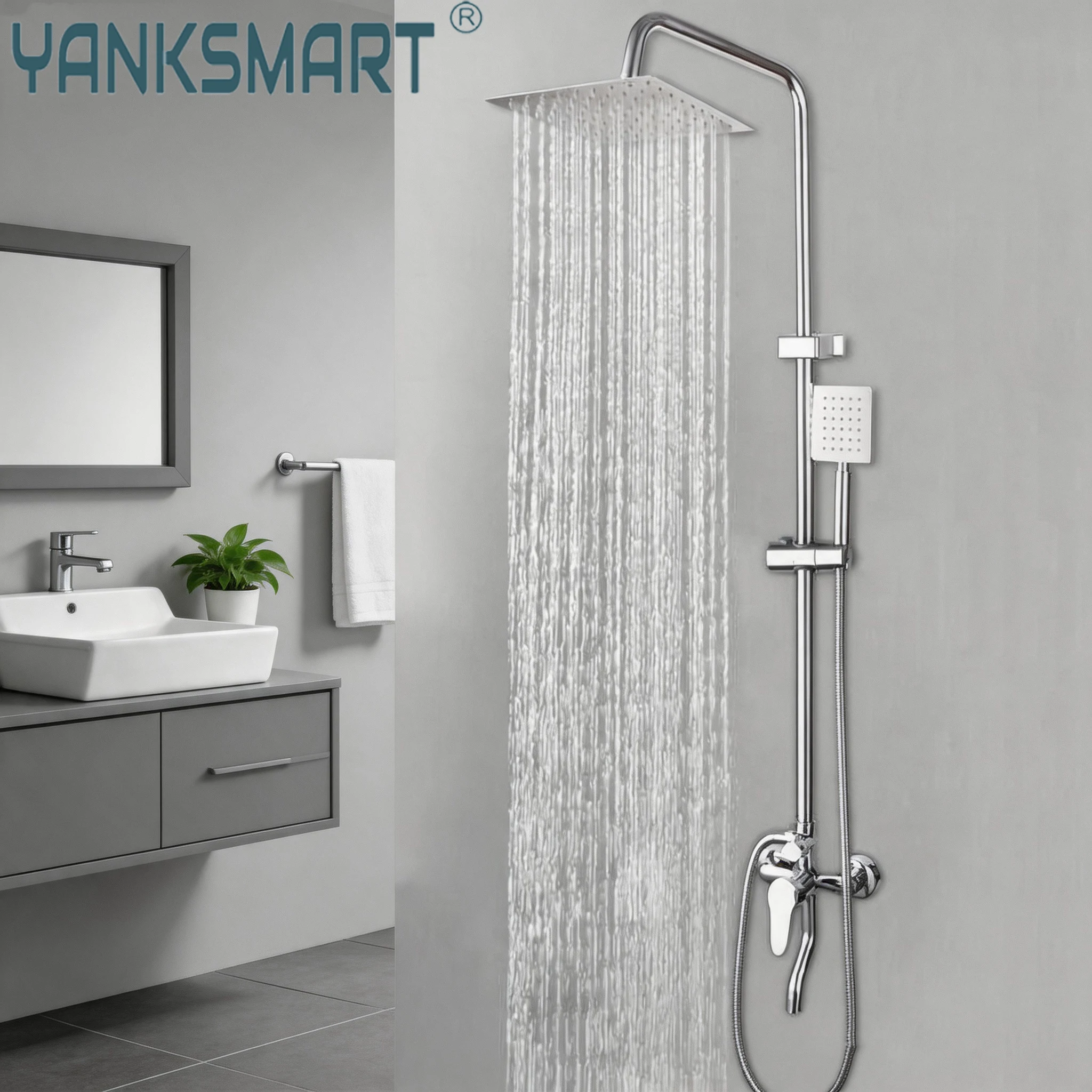 YANKSMART Luxury Chrome Polished Rainfall Wall Mounted Bathroom Shower faucet Set  Adjust Height Handle Shower Mixer Water Tap
