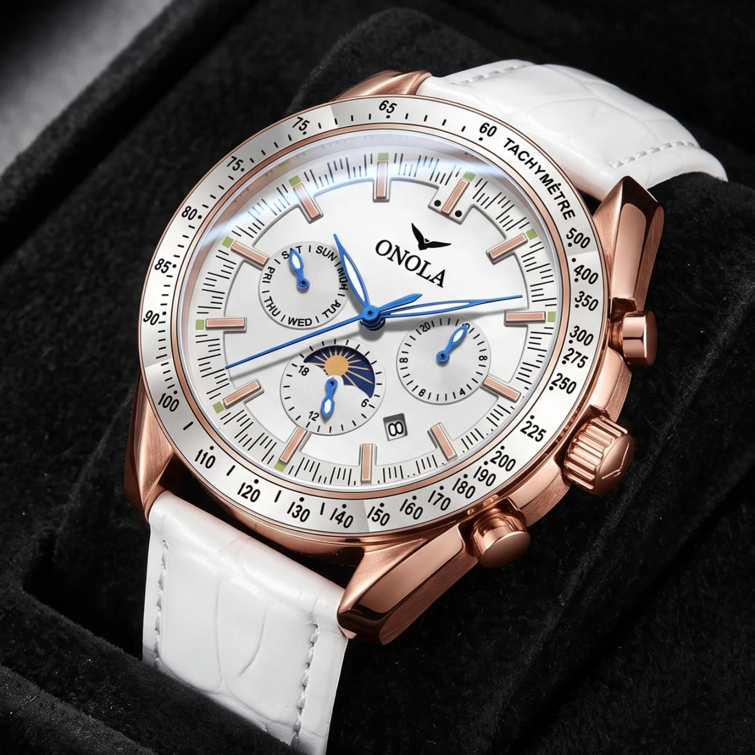 ONOLA Men's Round Mechanical Watch With Speedometer Ring, Moon Phase Date Timer, Night Light Luxury Sports Business Watch