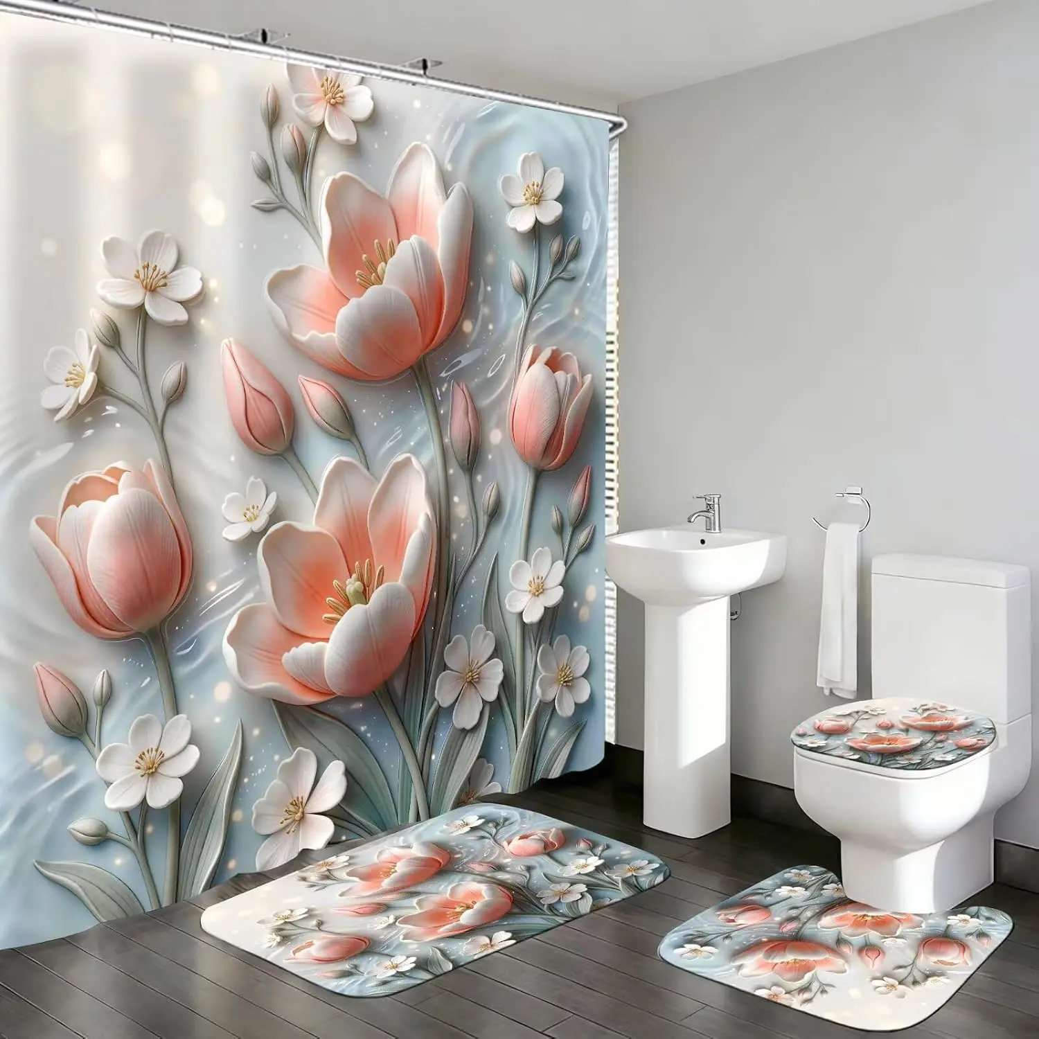 Pink Tulip Watercolor Floral Shower Curtain Waterproof Polyester Liner Bathroom Home Decor Spring Vanity Shower Stall