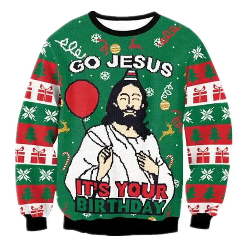 

Ugly Christmas Sweaters Green Jumpers 3D Funny Printed Holiday Party Xmas Jesus Sweatshirt for Party Birthday Xmas Sweatshirt