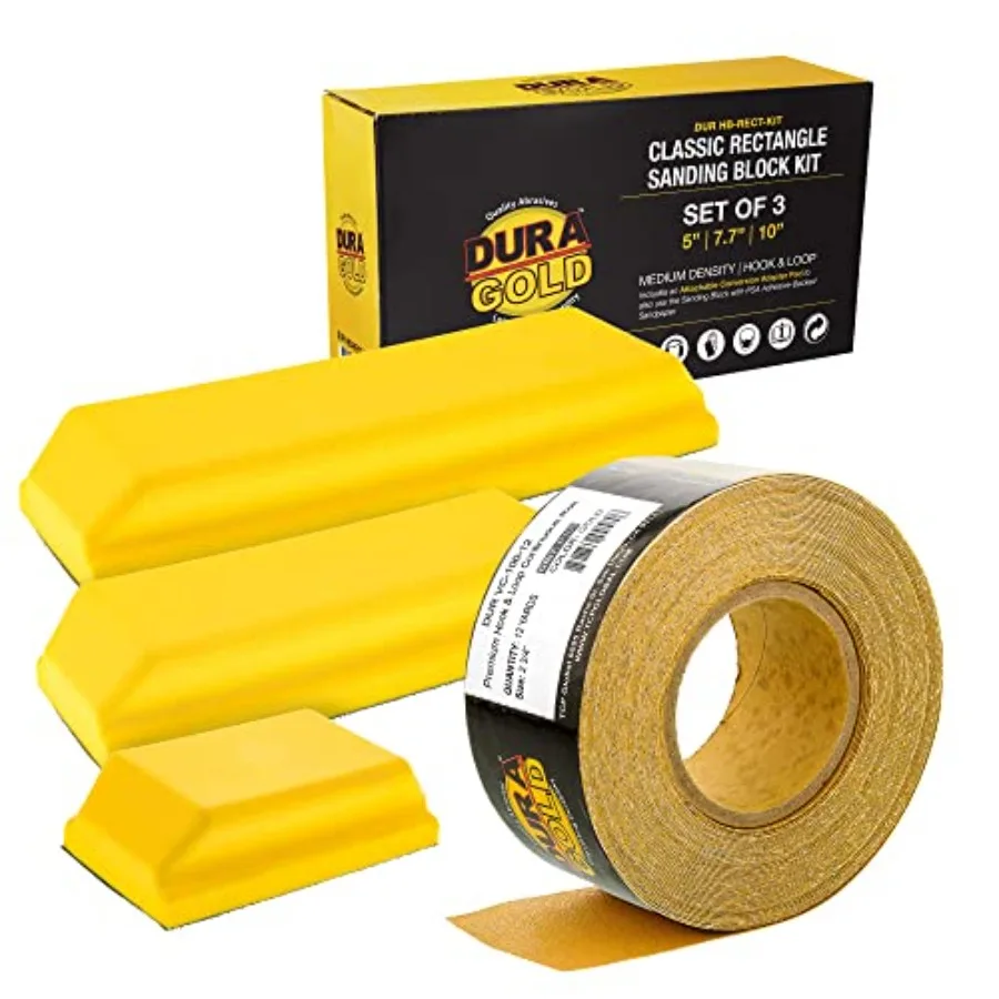 

Dura-Gold Pro Series Rectangle Hand Sanding Block Kit with 3 Blocks 5" 7-3/4" and 10" Set Hook and Loop Backing and PSA Adapter