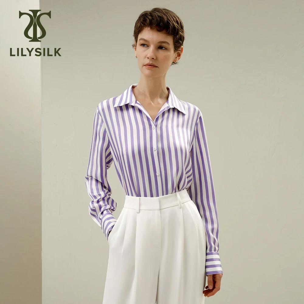 LILYSILK Silk Shirt for Women 2024 Spring Edition Striped Mulberry Silk Logo Embroidered Party Top Free Shipping