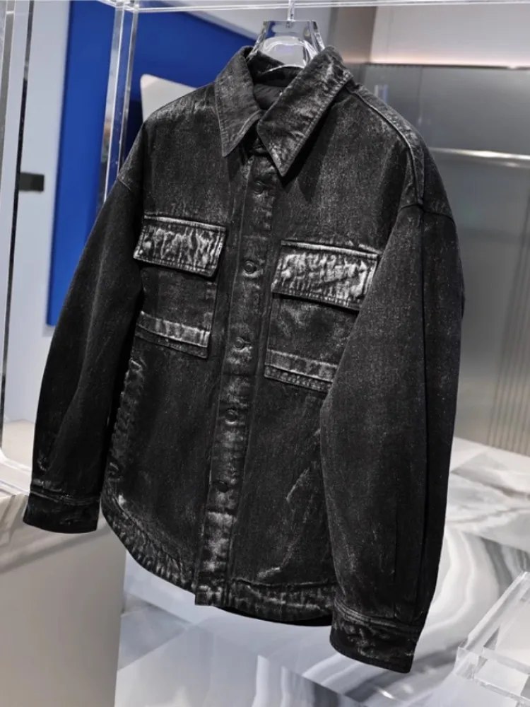 Mens New Winter Down Coat Fashion Single Breasted Denim Coat Loose Fit Warm Turn-Down Collar Casual Outerwear Cargo Short Jacket