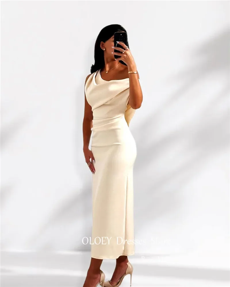 

Giyu Simple Ivory Saudi Arabic Women Evening Party Dresses Stretch Tea Length African Cocktail Dress Formal Prom Gowns