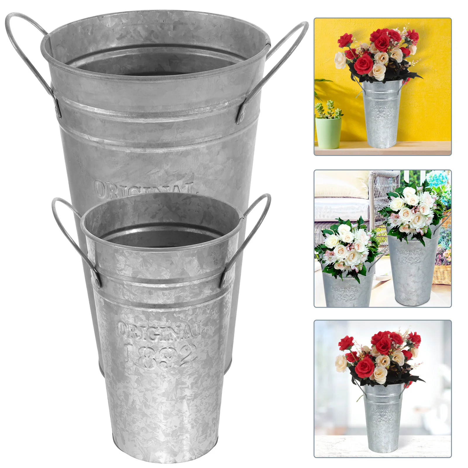 

2pcs Retro Bucket Flower Vase Sturdy Desktop Plant Holder For Home Metal Flower Bucket Garden Decor Flowerpot Container