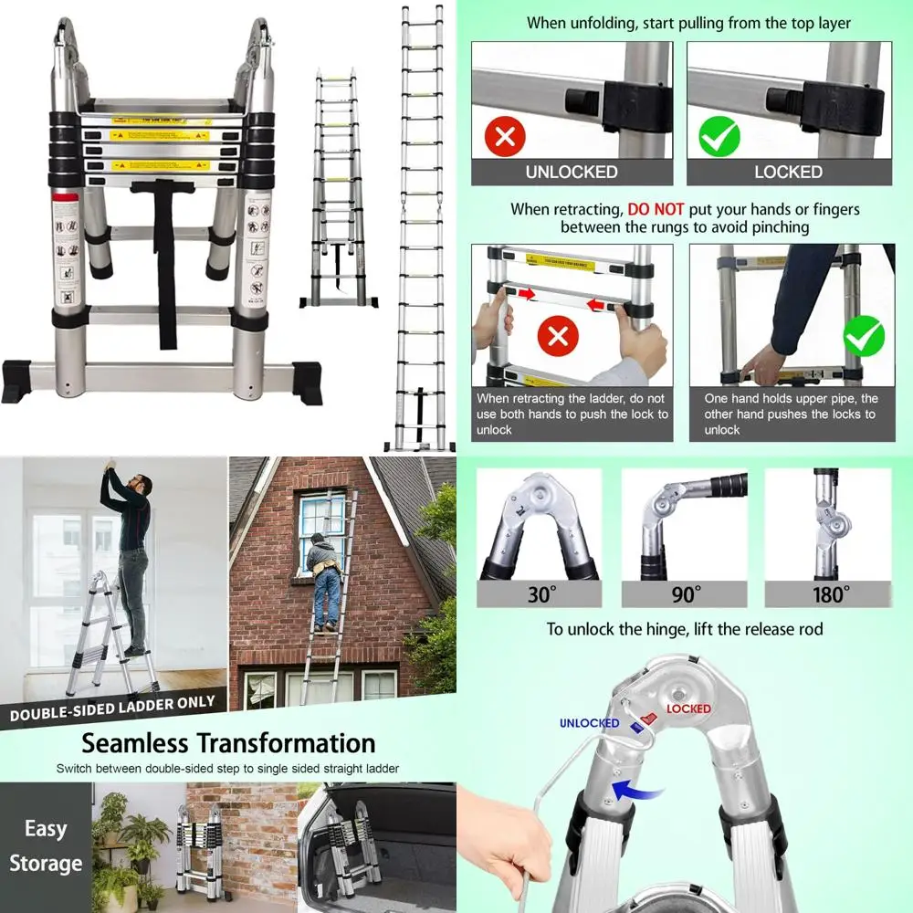 

Алюминиевая телескопическая лестница А-типа, удлинитель 12,5 футов с нескользящими ступеньками и опорной планкой, портативная складная лестница для использования в помещении и