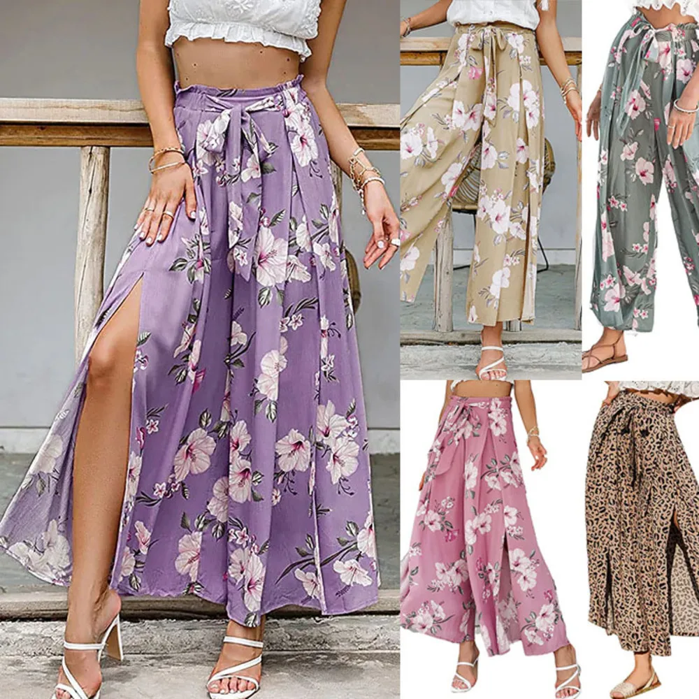 

2025 Casual Wide-Leg Digital Print High-Waist Split Loose Long Pants For Women