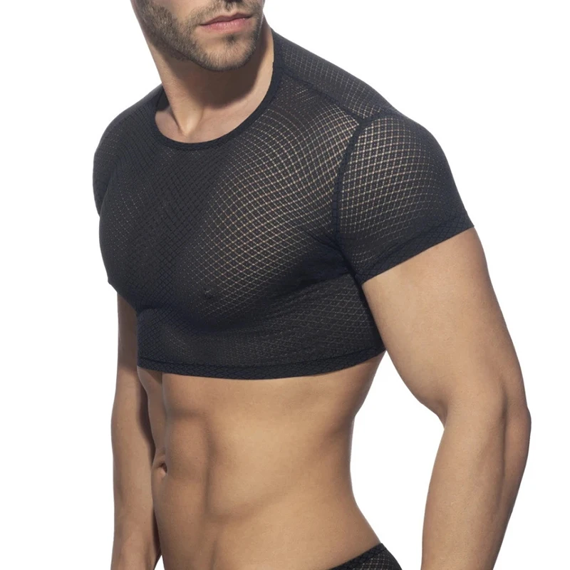 

Mens Mesh Chest Harness Undershirts Shorts Sleeve Muscle Fitness Wrestling Singlet Underwear See Through Slip Crop Tops Shirts