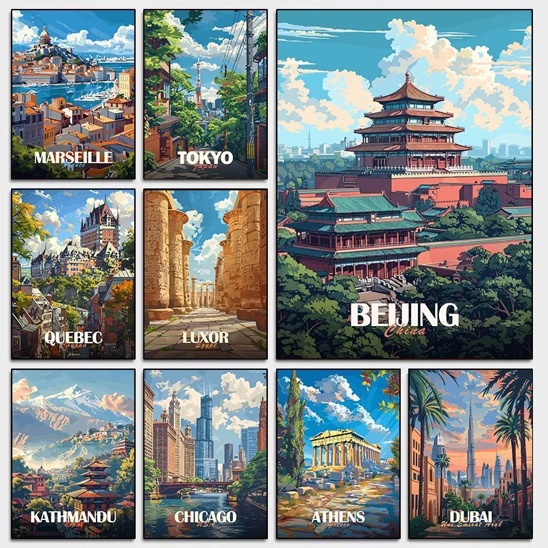 Póster de viaje mundial de paisaje de ciudad, pintura en lienzo de paisaje de Japón, francés, China, América, España, Egipto, pared, sala de estar, decoración del hogar