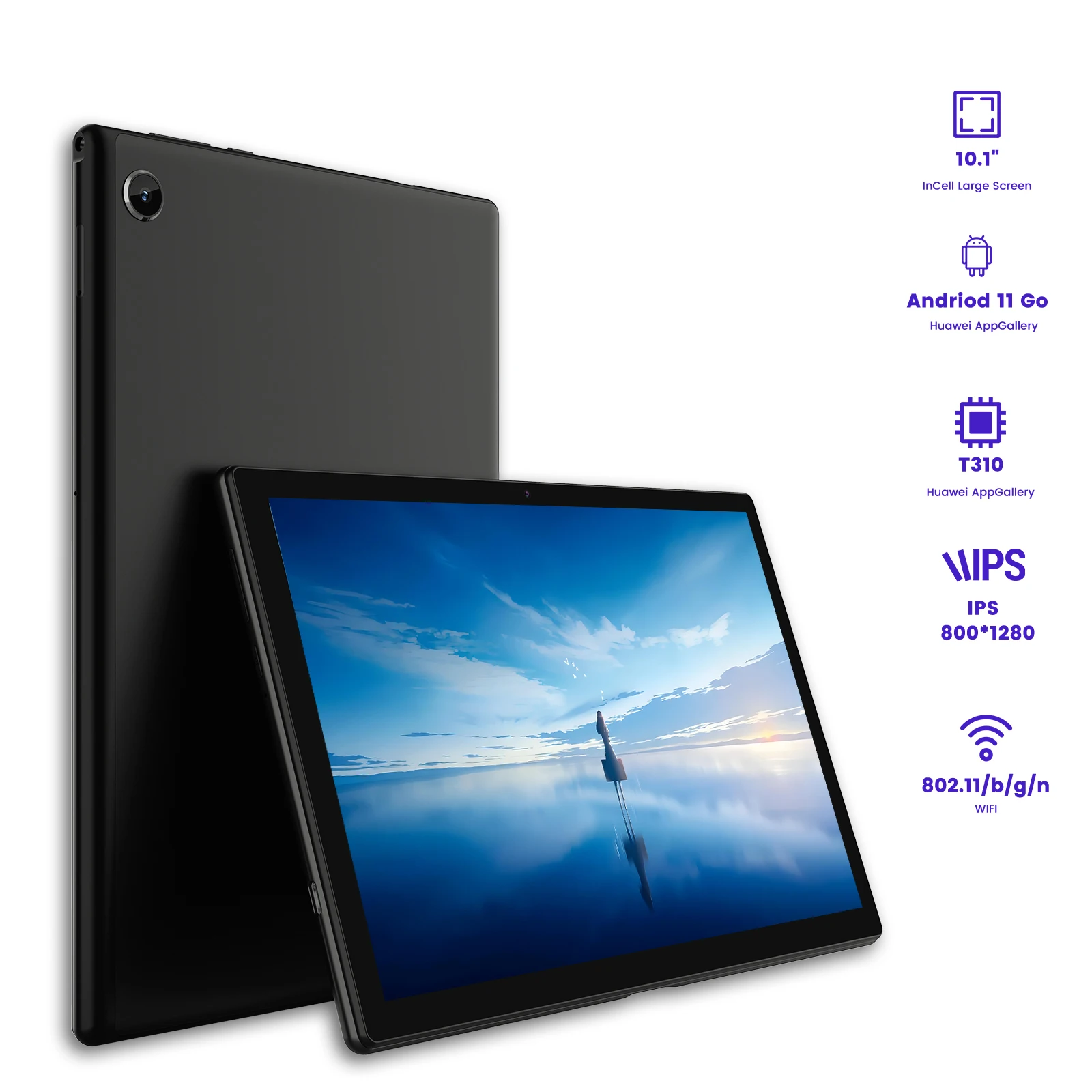 Tablette ordinateur 10,1 pouces, résolution 1280*800, processeur T310, mémoire 2+32 Go, prend en charge Bluetooth, Wifi, GPS, Galileo, extension de carte mémoire TF 256 Go, système Android 11 sans Google Play, équipé d'un service Huawei App Market
