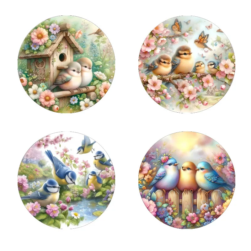 4 Bird-Printed Coasters, Suitable for Daily Family Gathering Decoration, Offices, Anti-Slip Wooden Coasters, and Festival Gifts