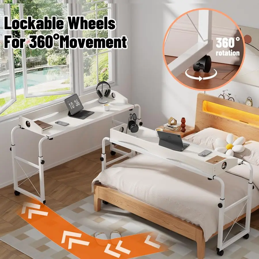 Table with Wheels, Overbed Desk with Adjustable Length and Height, Rolling Over Bed Desk, King Queen Over The Bed Table on Wheel