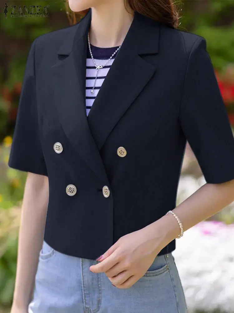 ZANZEA Elegant Women OL Work Blazer Summer Lapel Neck Half Sleeve Thin Coats Fashion Solid Office Wear Open Front Cardigan 2024