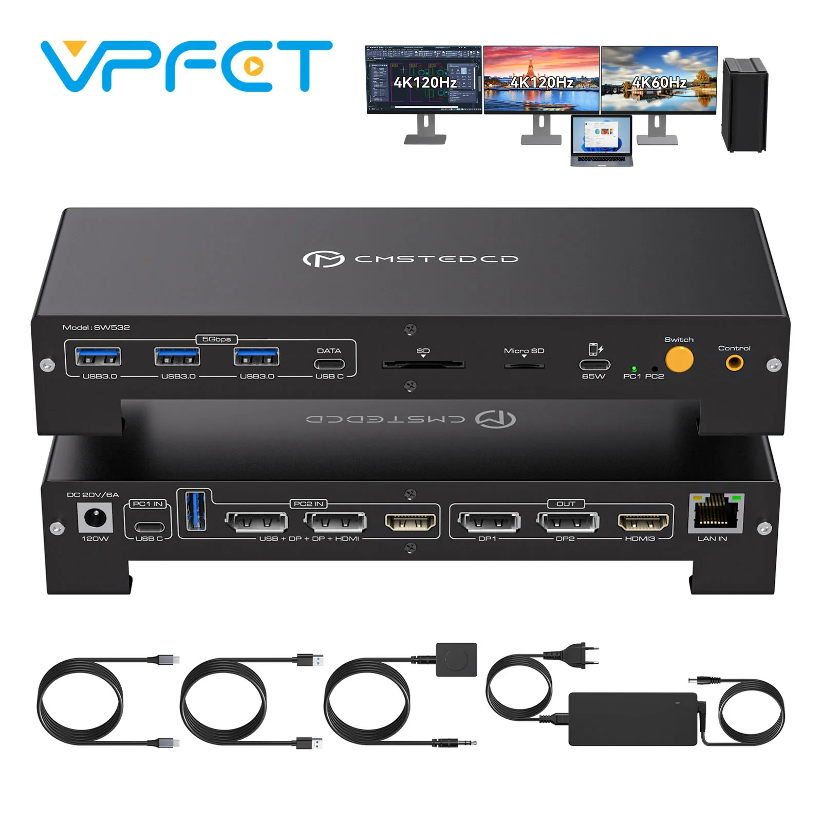 

KVM Switch Docking Station 3 Monitors 2 Computers DP 4K@120Hz HDMI 4K@60Hz for Thunderbolt Laptop and PC Support 100W PD Charge