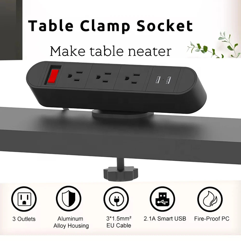 US Plug Tabletop USB Socket Desk Edge Clamp On Power Strip Electrical Janpan Sockets 3 Outlet Mexico Table Mountable Home Office