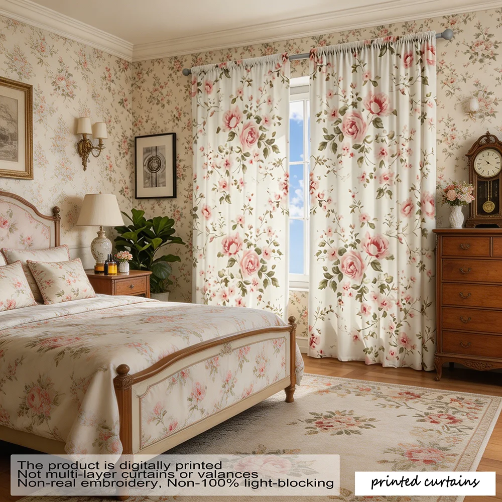 2PCS Digital Printed Curtains with Pink Rose Floral Patterns, French Retro Countryside Style, Featuring Pole Bag Design