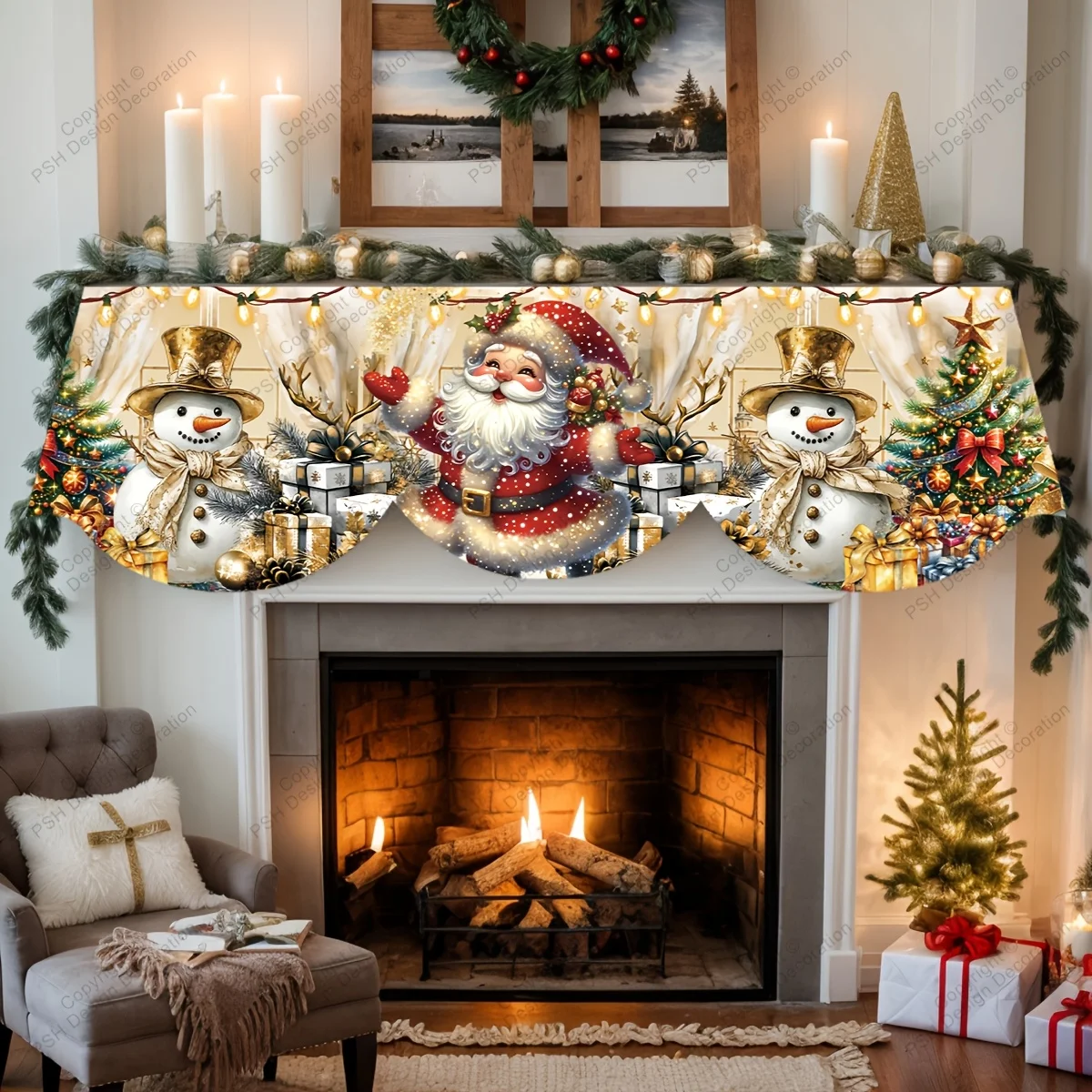 VIKAMA Christmas Fireplace Mantel Scarf Cartoon Santa Snowman Mantel Topper Xmas Fireplace Shelf Cover Holiday Indoor Home Decor