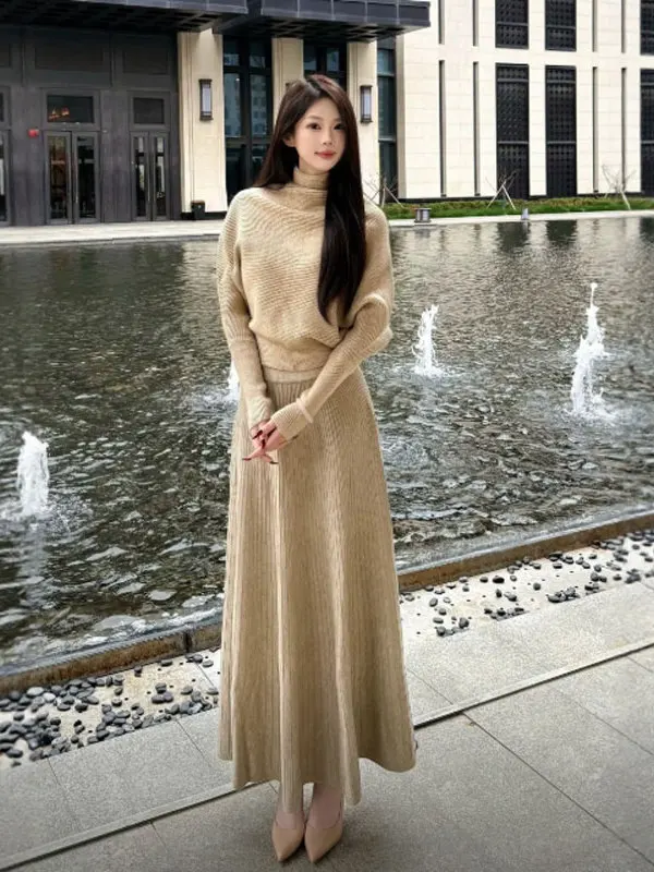 

Faionable Knitted Sweater And Skirt Two-Piece Set Ele Spring 2026 Women's Wear Comfortable High Waist Long Skirt
