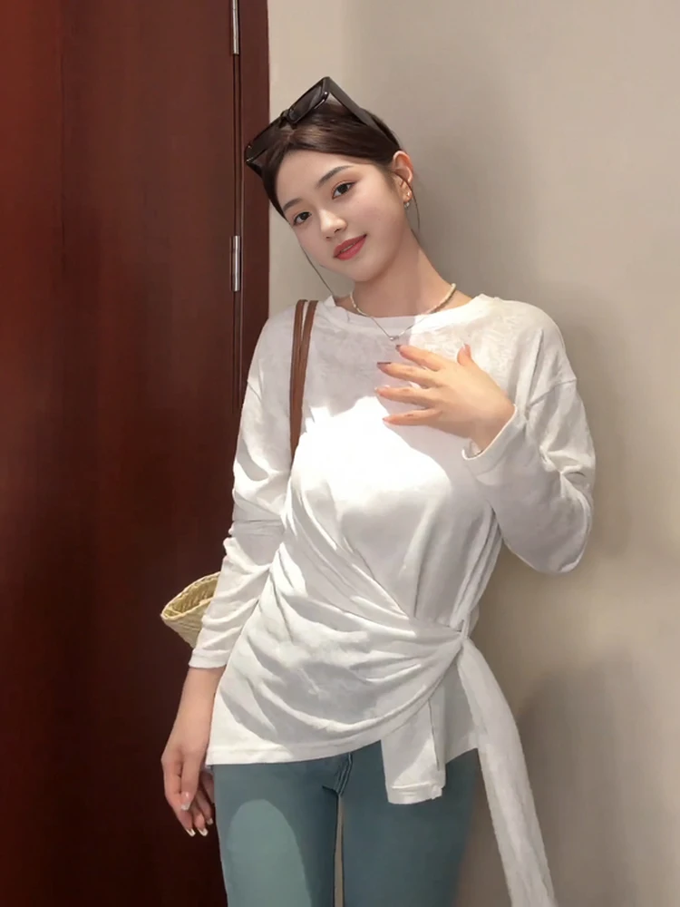 

plus Size Women's Long Sve T-irt with Belt Design Summer Sunade Lazy Sle Meat Concealing Slimming Top round Ne