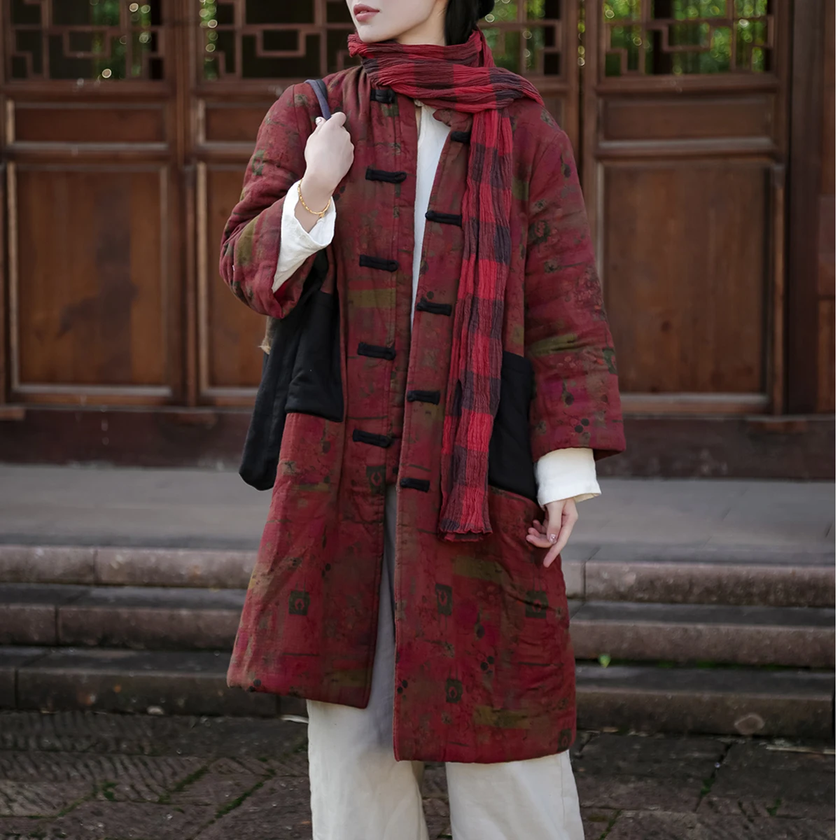 LZJN Winter Color Blocking Ethnic Style Outerwear New Chinese Style Retro Cotton And Linen Printed Nostalgic Cotton Padded Coat